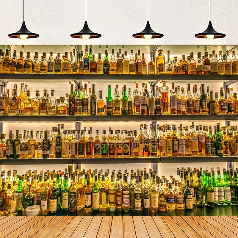 Fondo fotográfico de lujo para bar, estantes de vino tinto y champán, vasos, pub, bar, whisky, temática de fiesta, cartel de pared
