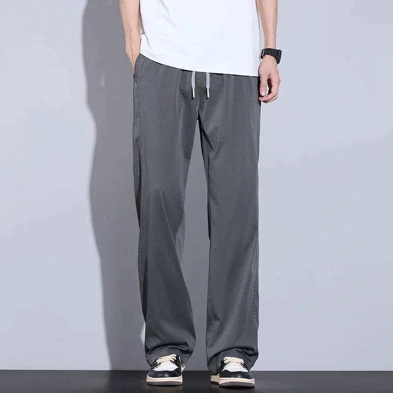 البوب جديد جينز ناعم الرجال الربيع الصيف رقيقة فضفاضة ثنيات المضادة للتجاعيد مريحة مستقيم بنطلون الرباط الذكور فضفاض ديني