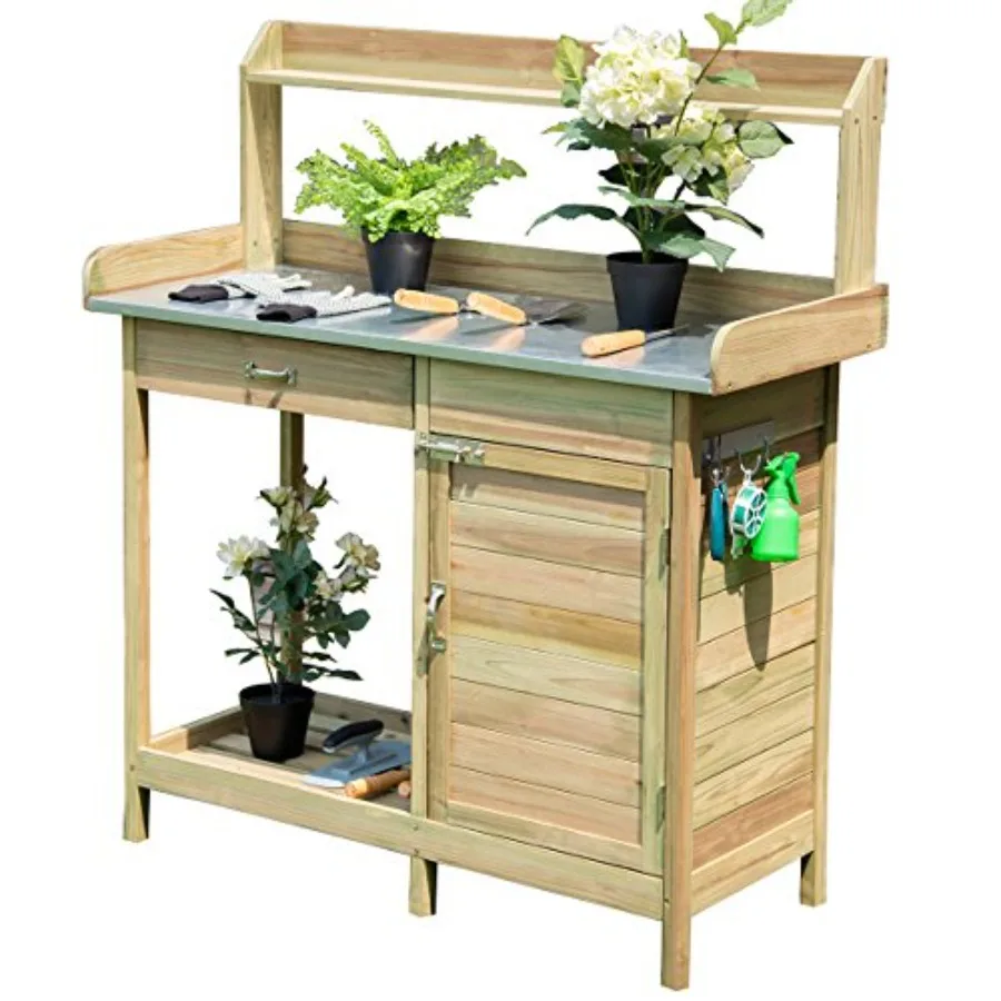 Potting Bench Table for Outside Natural Wood Garden Plant Lawn Patio Table Storage Shelf Metal Tabletop Outdoor Workstation Flo