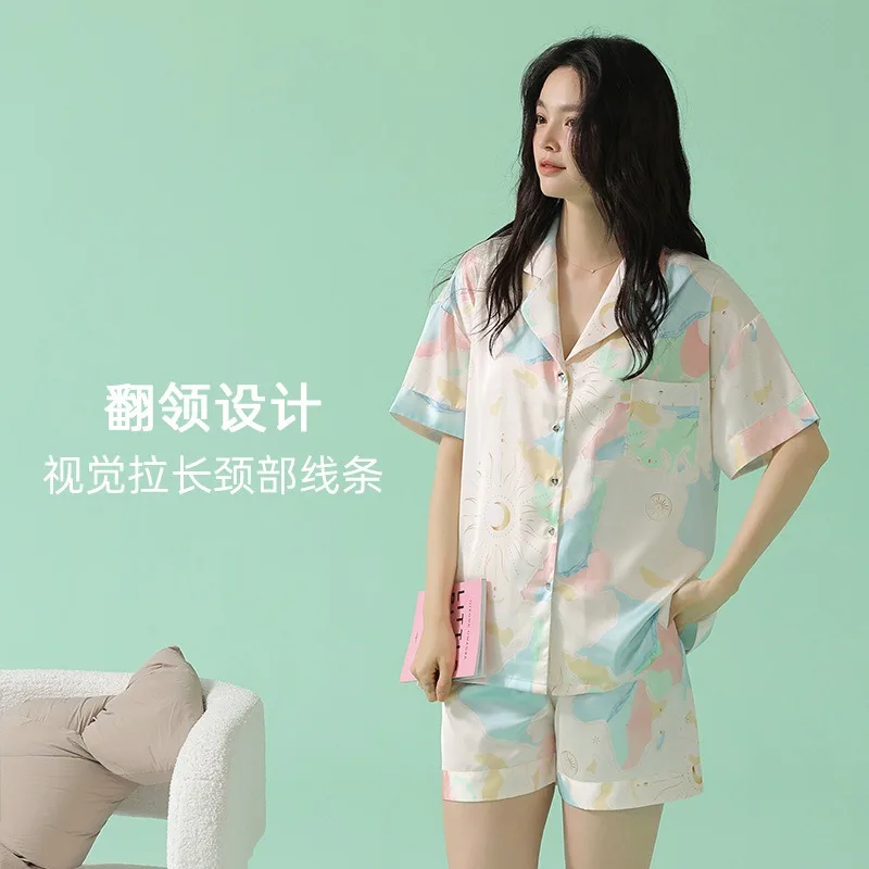 Summer pajamas women's short sleeve ice silk home clothing, silky and soft can be worn externally in fashionable women's pajamas