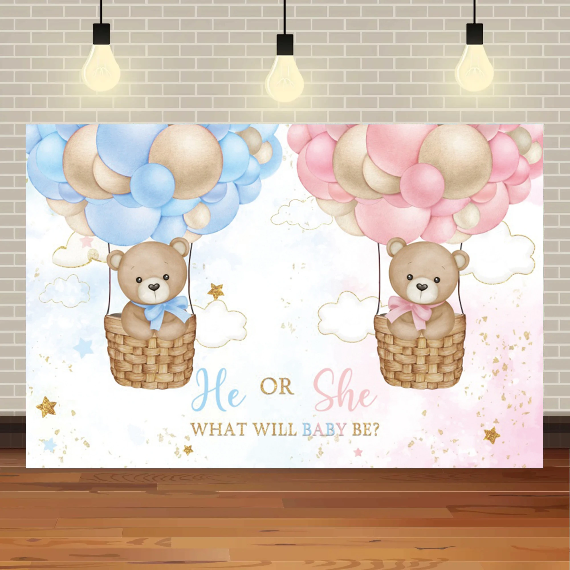 Baby Bear Hot Air Balloon Baby Shower Backdrop Photocall Girl or Boy Unveiling Party Birthday Decoration Backdrop Photo Studio