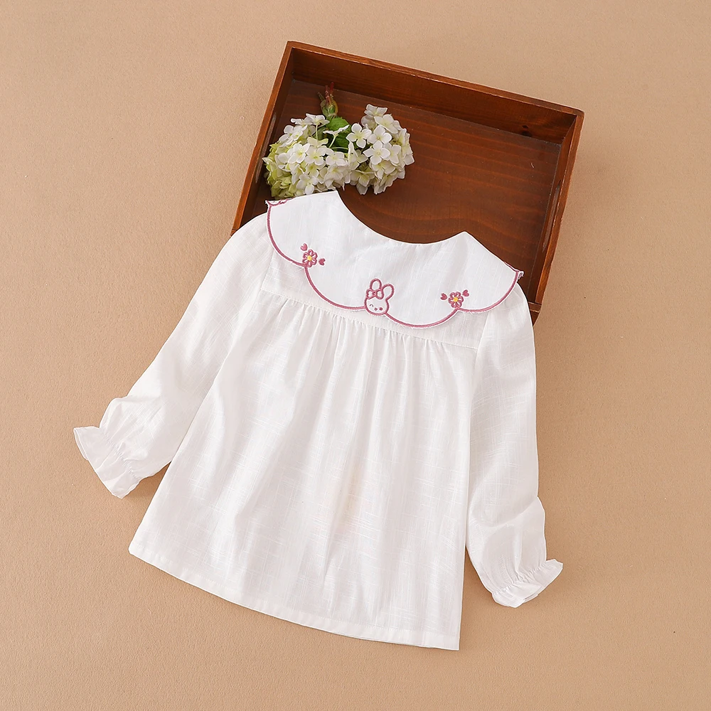 Girls Shirt 2025 Spring Autumn Baby Kids 100% Cotton Long Sleeved Clothes Cute Rabbit Embroidered Tops For 2-6 Years