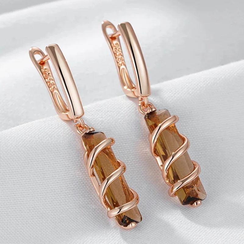 Wbmqda Unique Brown Long Drop Earrings For Women 585 Rose Gold Color Fashion Jewelry Accessories