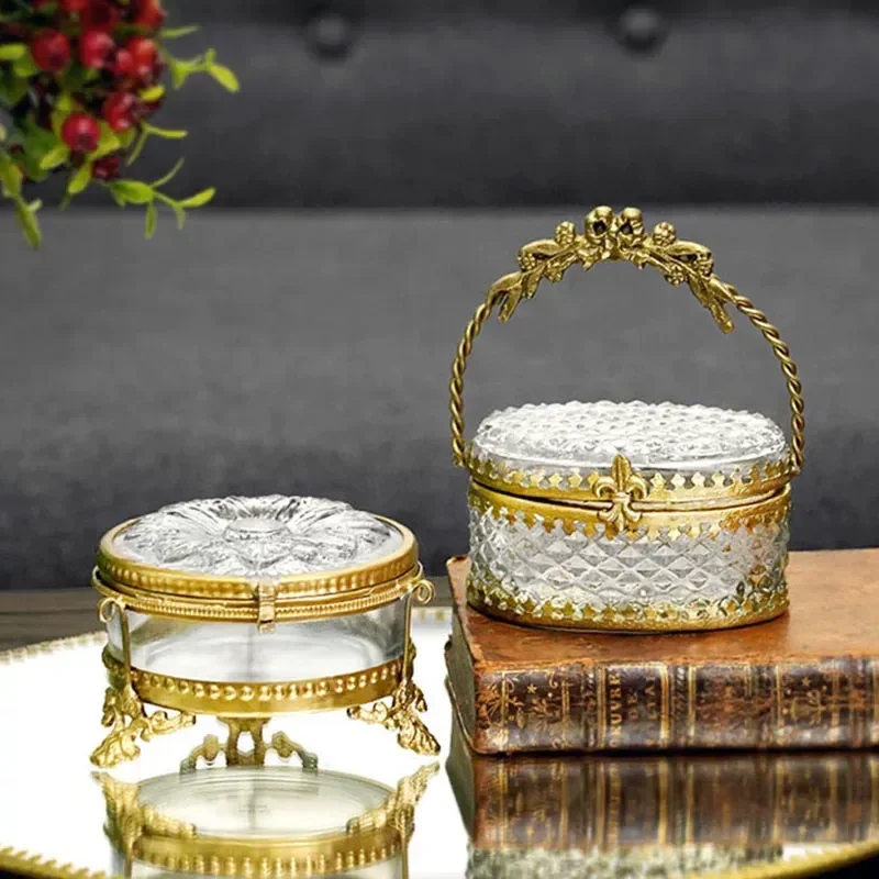 Imported Brass Handmade Retro Copper Edge Glass Jewelry Box Small Storage Box Classical European Collection Decorative