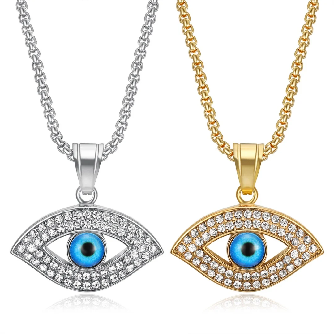 

Hip Hop Iced Out Bling CZ Evil Eye Pendant Gold Silver Color Stainless Steel Zirconia Amulet Necklace for Woman Man Jewelry Gift