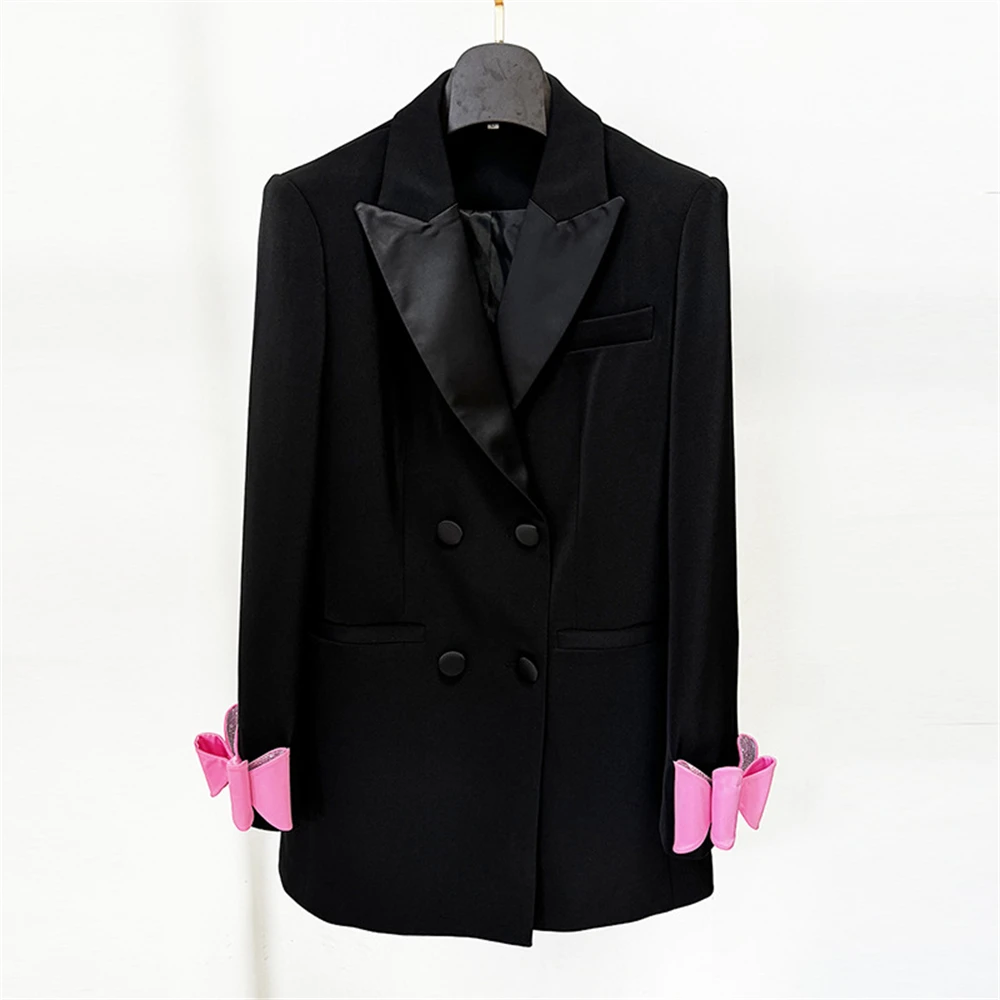 Women Fashion Black Suit Jacket With Pink Bow-tie On Sleeves, 2024 Fashionable Autumn Coat Blazer