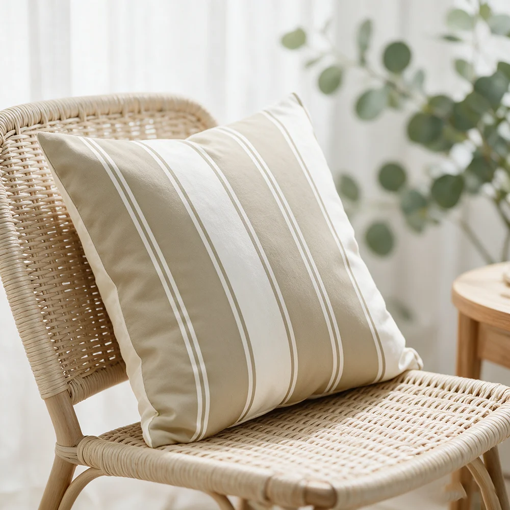 1PC Farmhouse Striped Cushion Covers, Khaki White Vertical Line Decorative Throw Pillow Covers, Neutral Home Decor Pillowcases