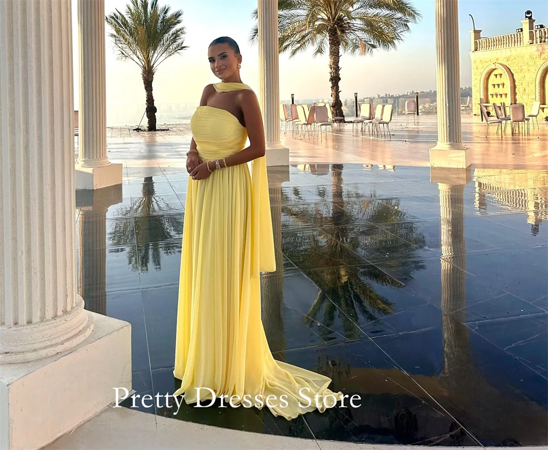 

Без бретелек модный стиль трапециевидной формы желтые плиссированные шифоновые вечерние платья без рукавов по индивидуальному заказу вечерние для выпускного вечера для женщин невесты
