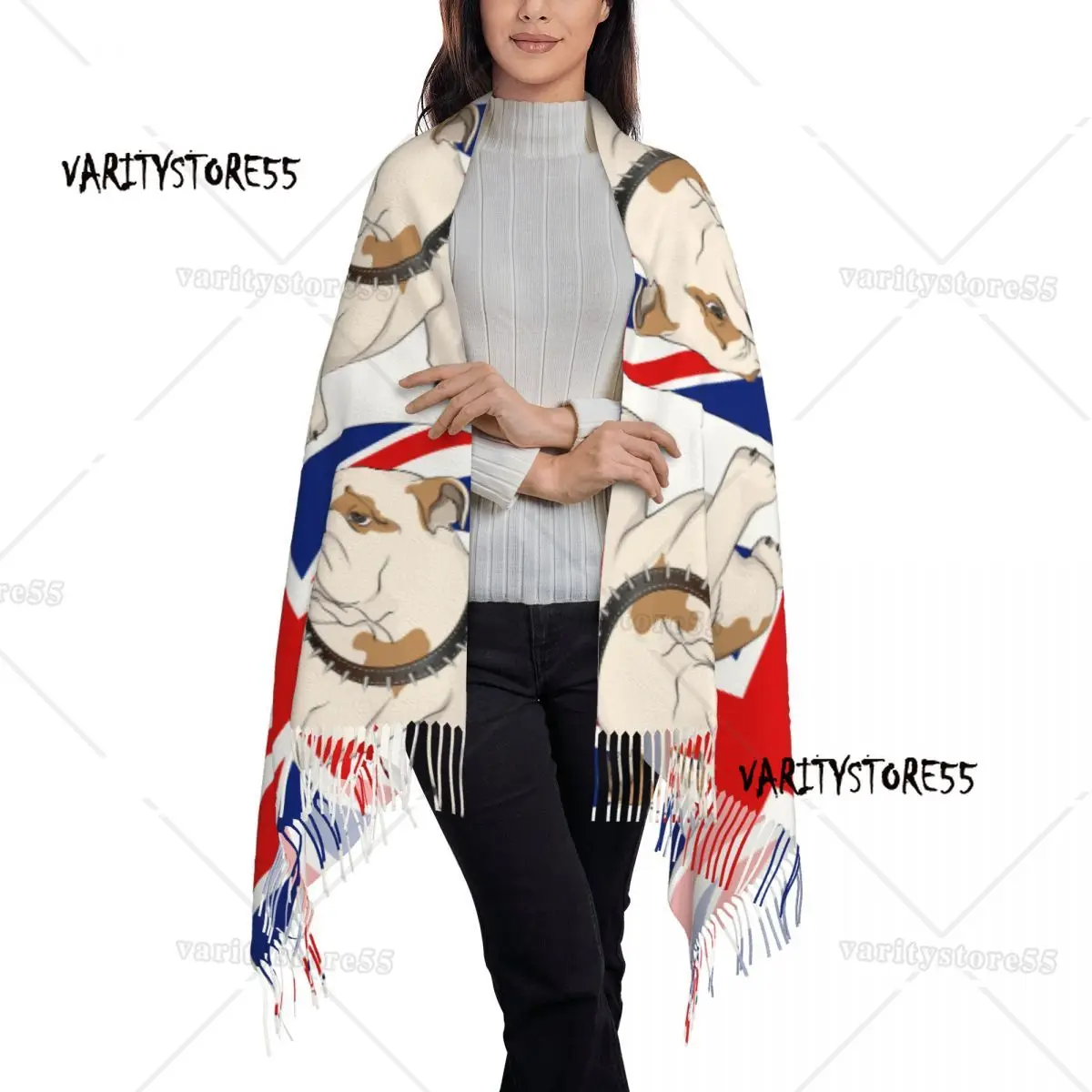 Personalized Printed English Bulldog On A Background Of The British Flag Long Pile Fringe Men Scarf Women'S Anti Chill Scarf