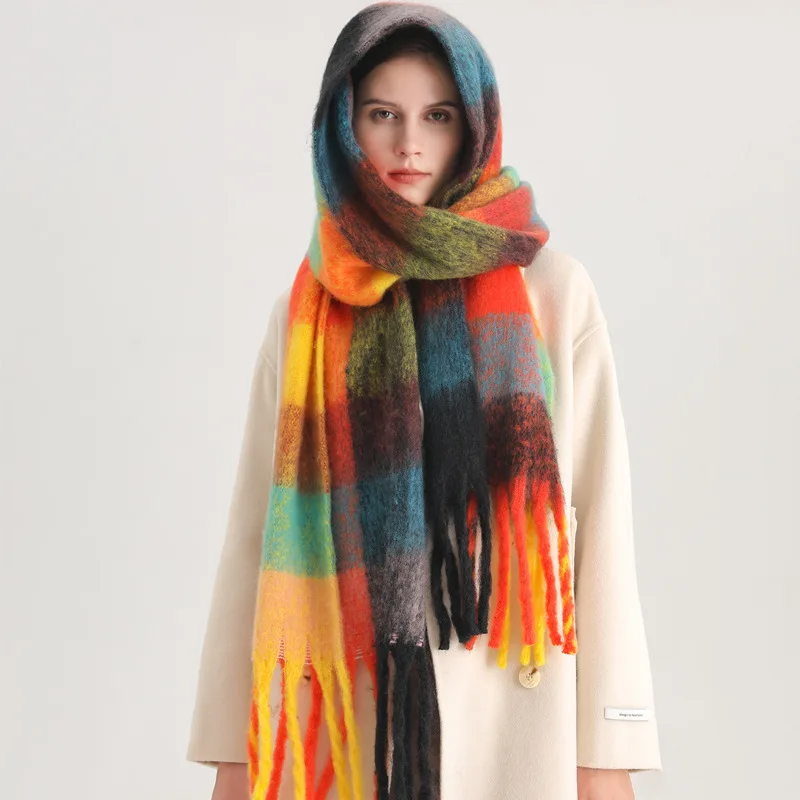 Autumn Winter Luxury Women Scarves 240*38cm Men Thickening Warm Scarf Rainbow Plaid Tassel Shawl Cashmere Imitation Fashion Wrap