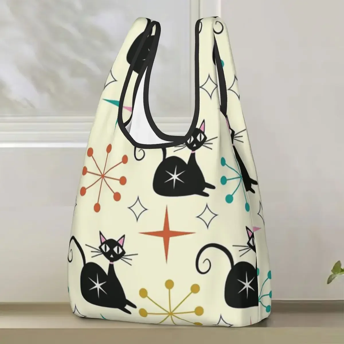 Mid Century Black Atomic Cat With Starbursts Shopping Bag Portable Tote Bags Foldable Shoulder Shopper Bag Grocery Handbag
