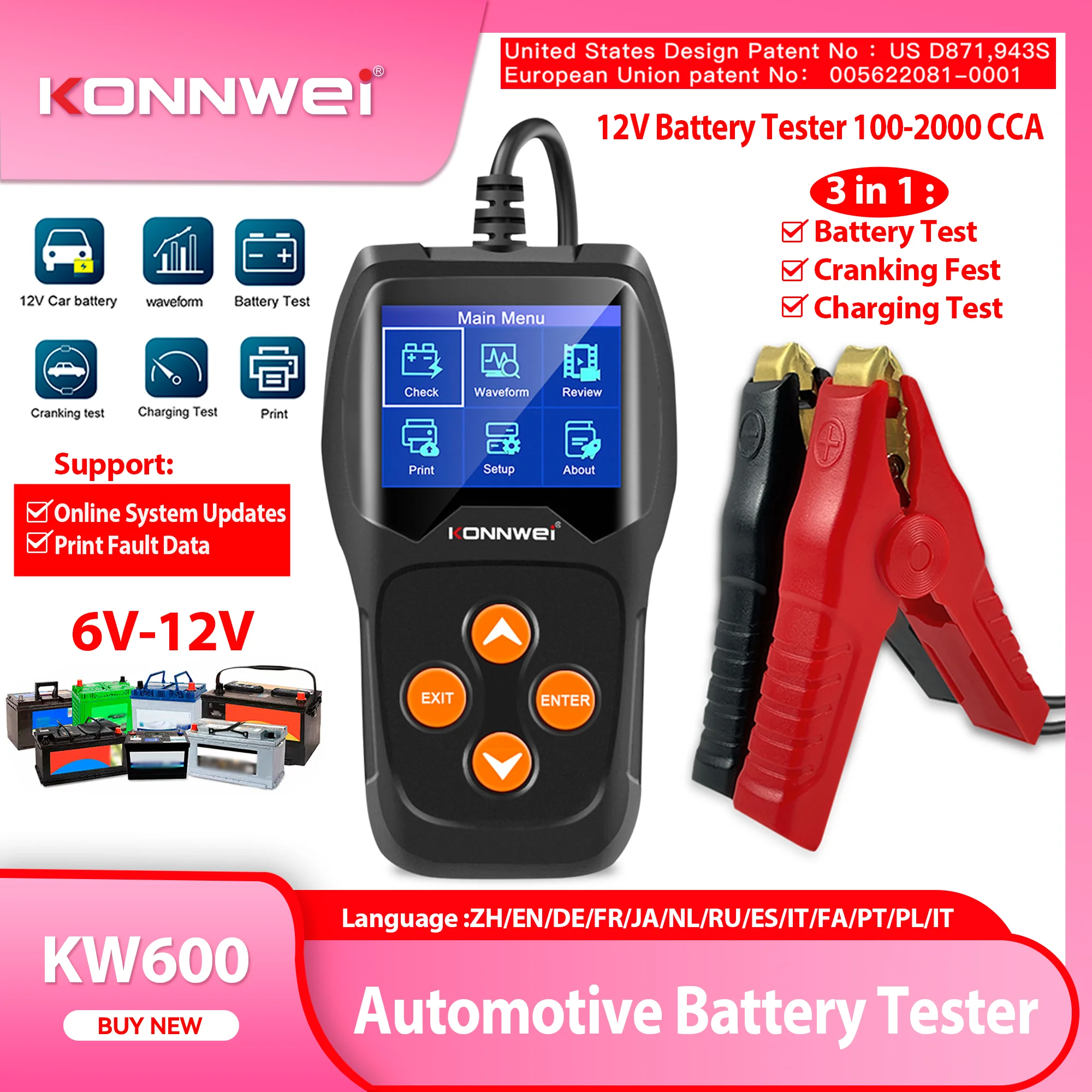 

2025 New KONNWEi KW600 Car Battery Tester 6V 12V Real-time Battery Health Monitoring Charging Test Auto Battery Inspection Tool