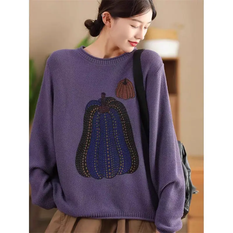 Autumn/Winter Retro Cotton Thread Pullover Women's Artistic Printed Knitted Sweater Loose Large Size Casual Round Neck Top a499