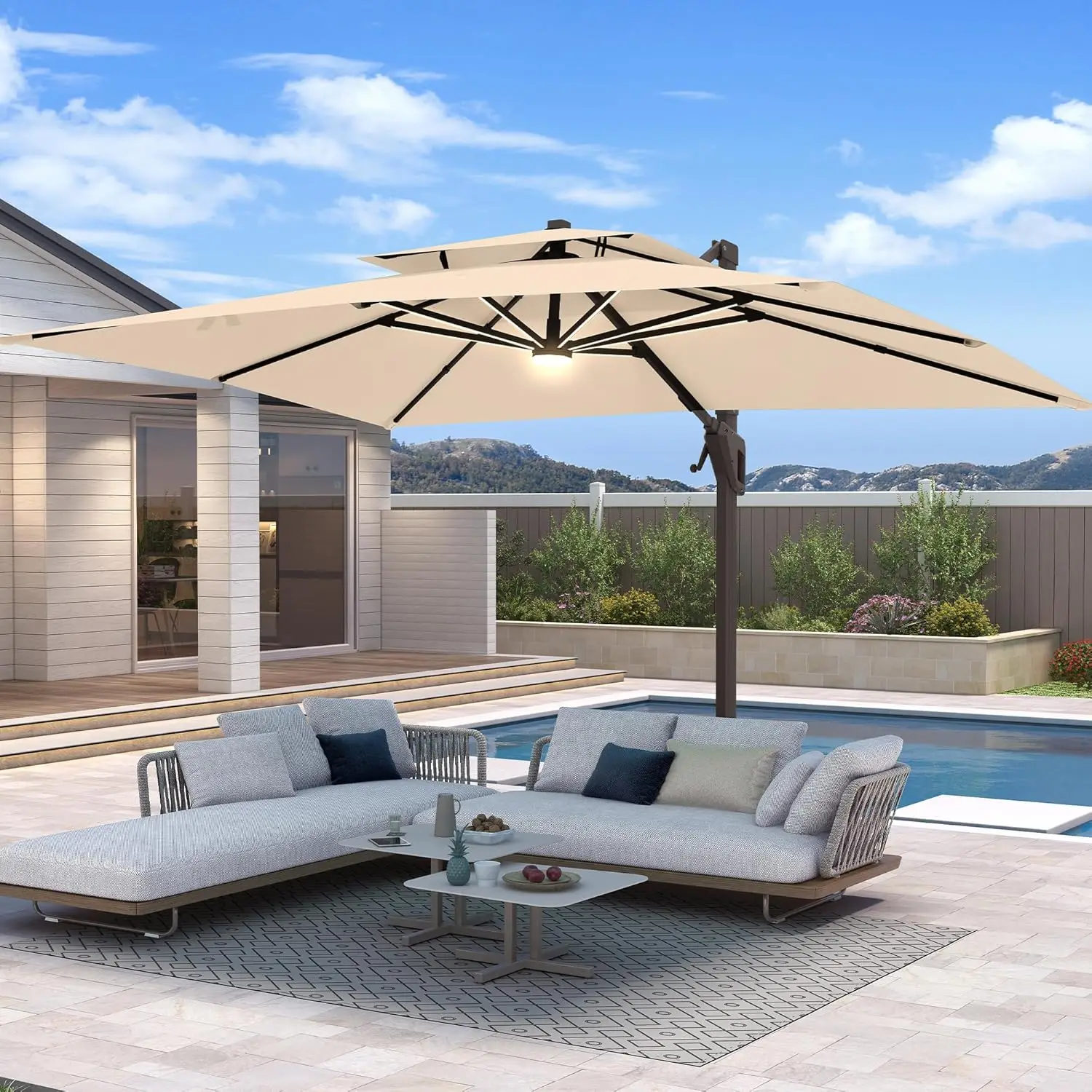 

10 X 13 FT Cantilever Patio Umbrella with Led Lights Outdoor Rectangle Offset Large Double Top Heavy Duty Umbrellas