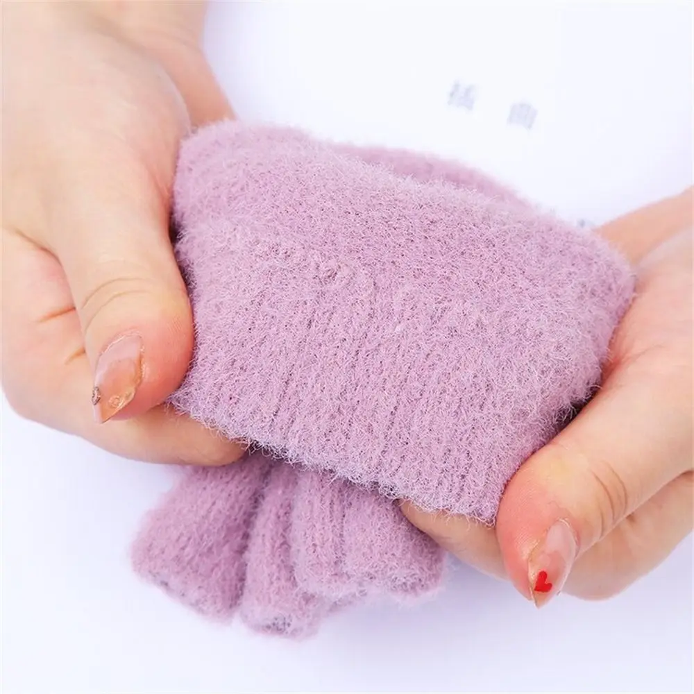 Daily Thick Knit Mittens Short Windproof Cold Proof Fingerless Gloves Cute Rabbit Ear Flip Half Finger Gloves Women Girls