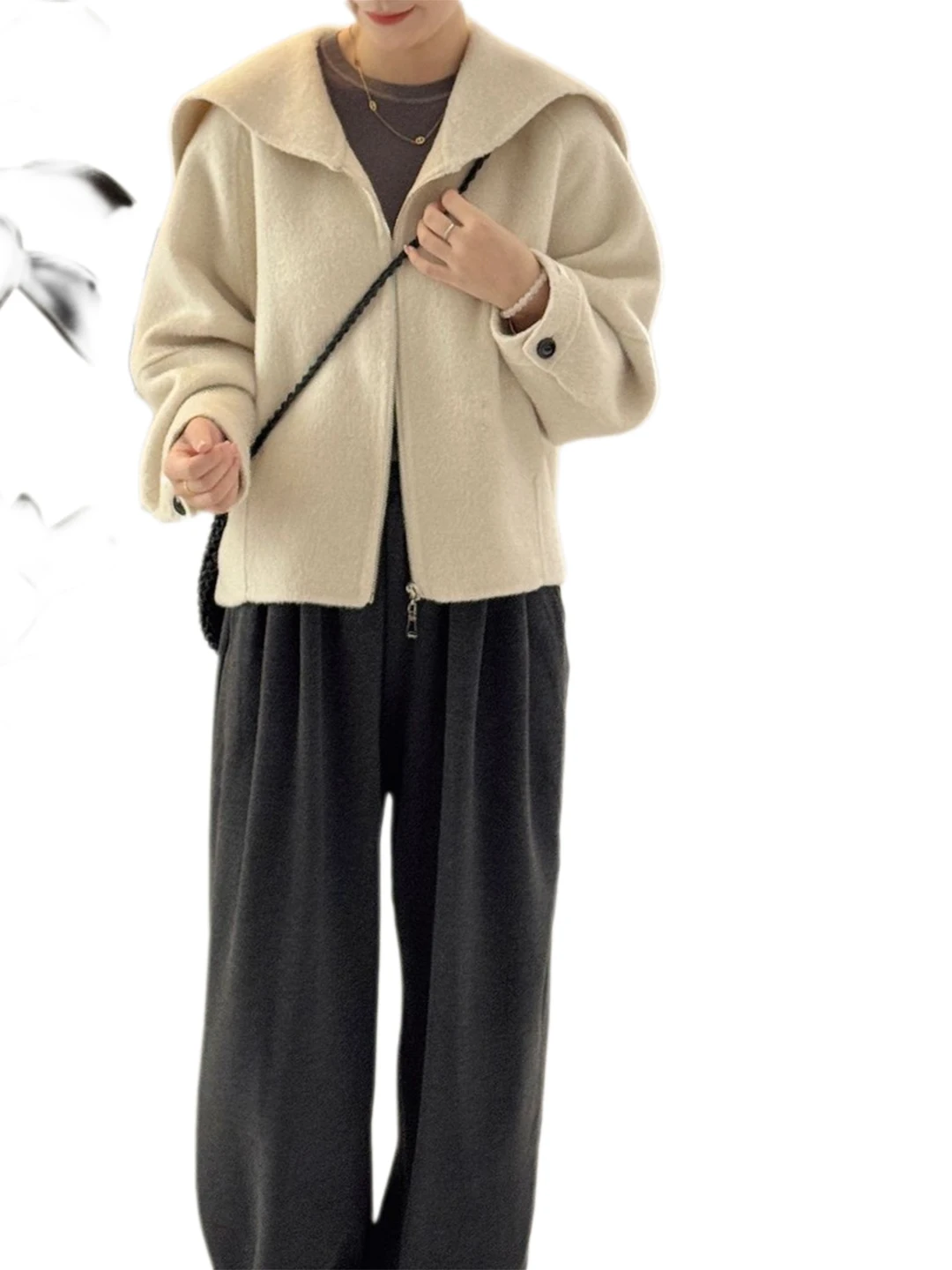 معطف صوفي كحلي للسيدات ort Sle بياقة عالية فضفاض مناسب للشتاء Faion Commute Wind Thiened طويل Sve سحاب لون نقي #5