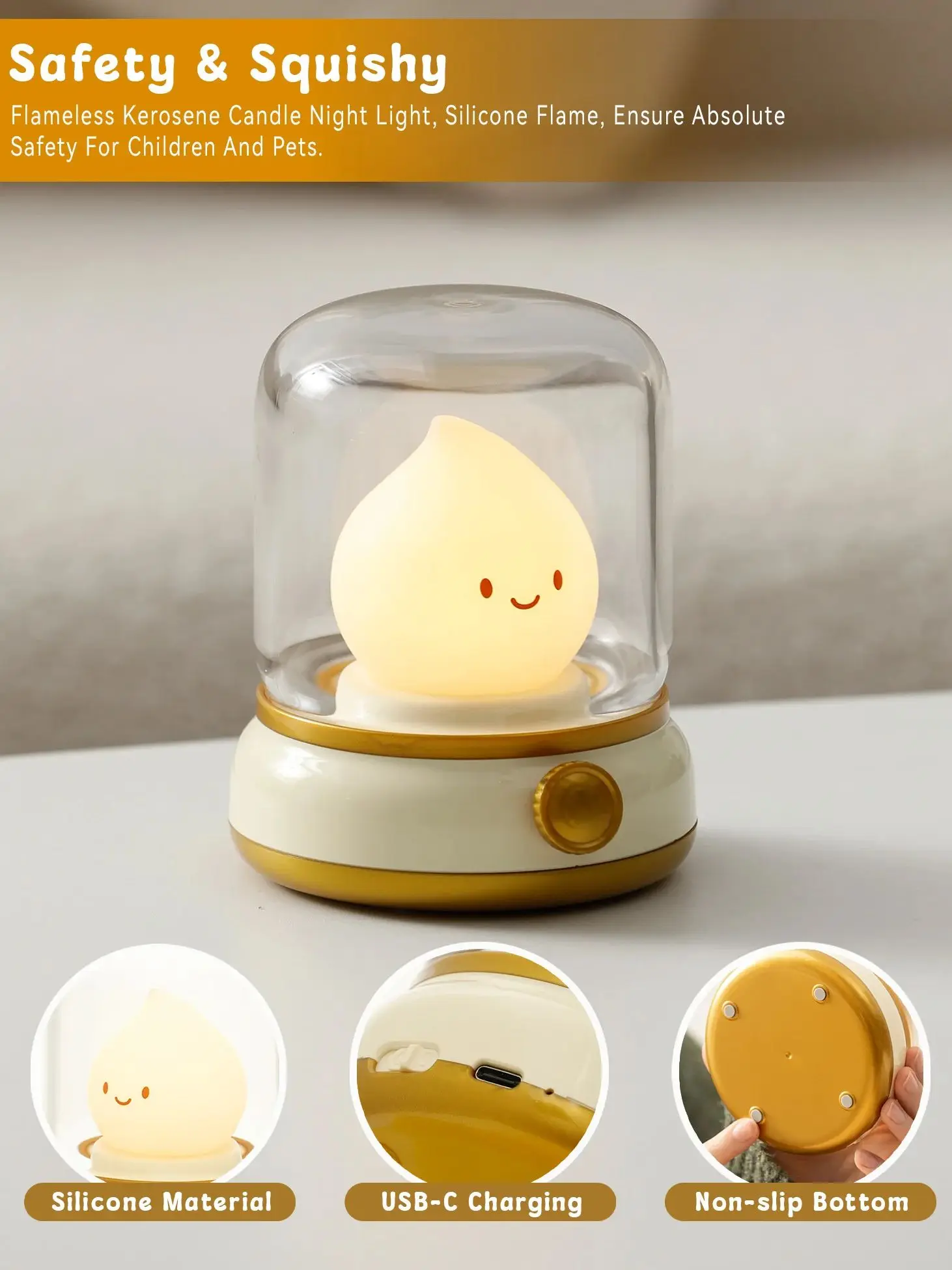 Velas sin llama, luz nocturna Chibi LED regulable, llama de silicona recargable, luz ámbar, bonita lámpara de queroseno, luces acogedoras para dormitorio