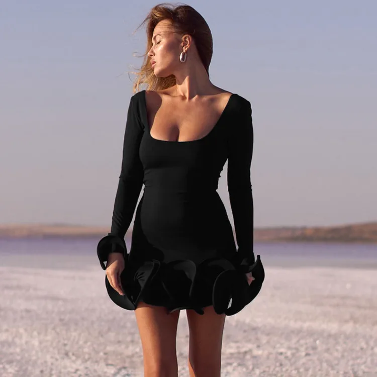 Blifanbo Fashion Square Neck Ruched Mini Dress Women Long Sleeve Sexy High Waist Solid Patchwork Female Dress Autumn Elegant New