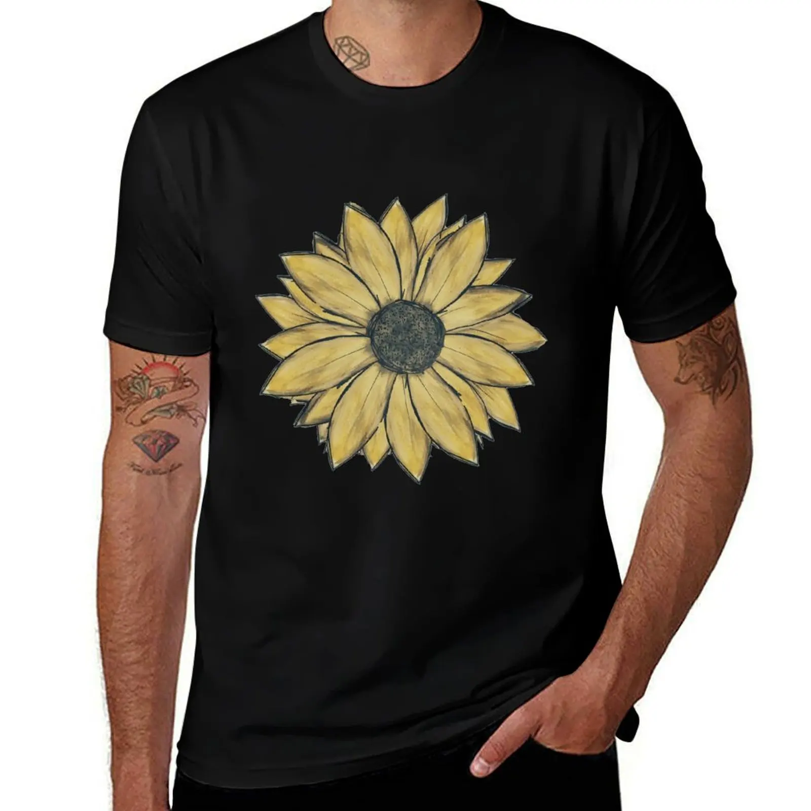 

Painted Sunflower Watercolor Artwork T-Shirt Basic Solid Color Short Sleeve Cotton Top