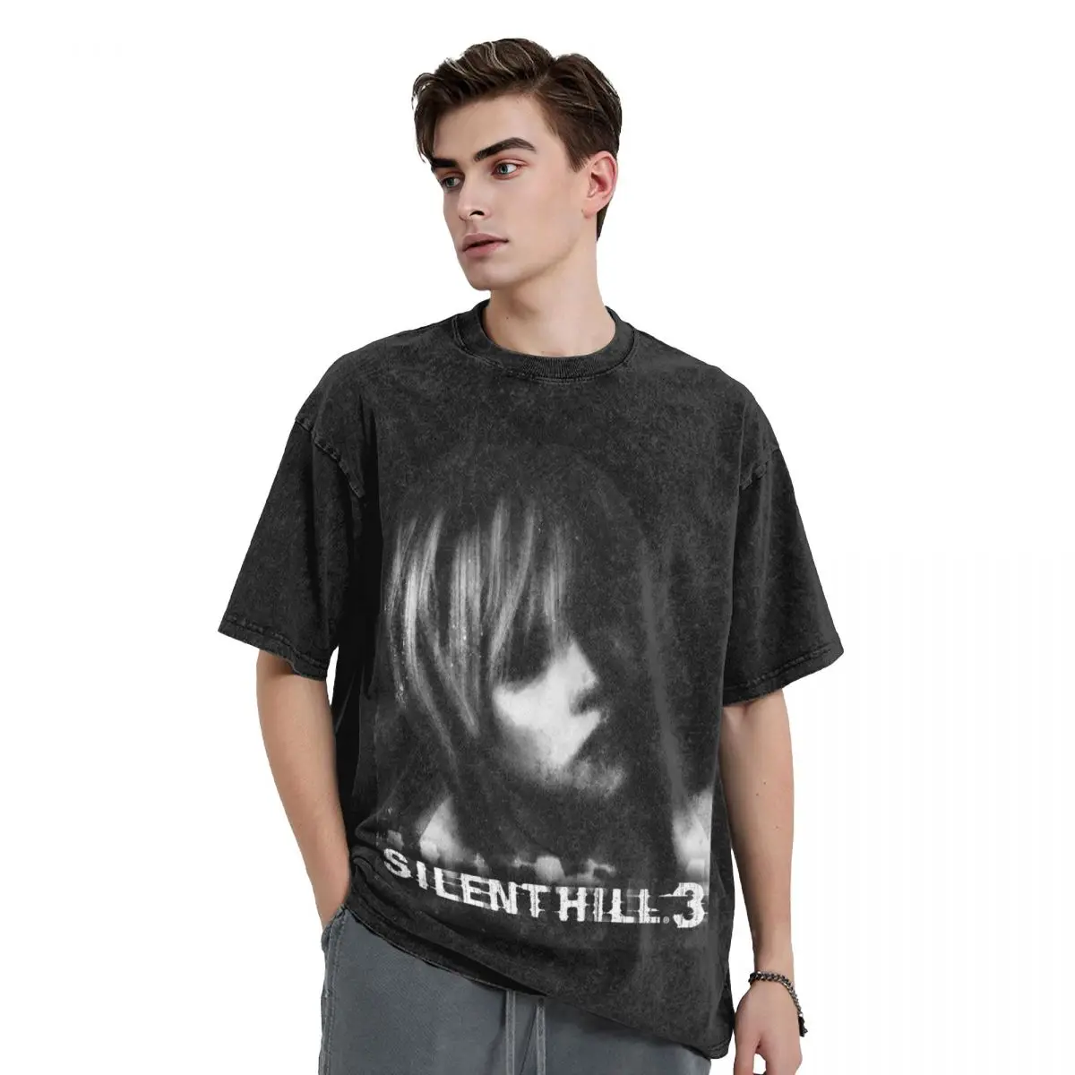 Silent Hill 3 woman Men Washed T-Shirt Hot stamping Print Tees,Harajuku Cotton Tshirt Men's Summer Short Sleeve Tees