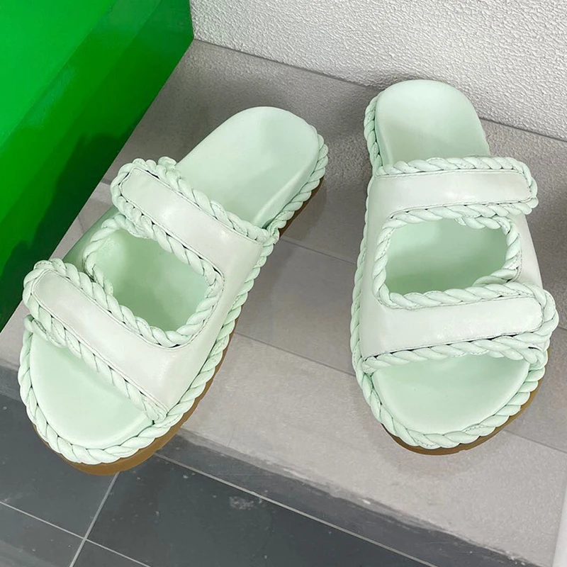 Unique High-end Design Lady Slipper Shoe Summer Green Beige Soft Leather Thick Sole Comfortable Open Toe Cool Beach Sandalias