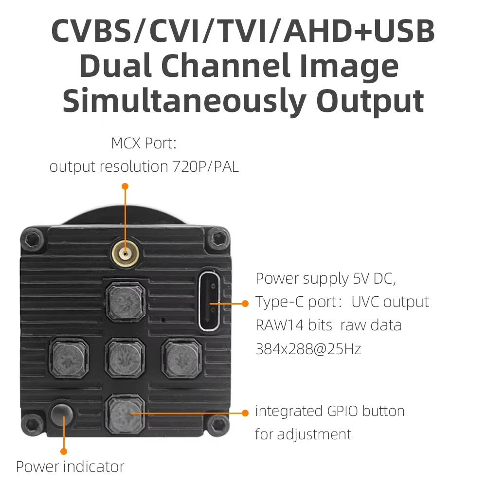 Câmera térmica infravermelha industriais não refrigerada 384x288, saída AHD + USB, simultânea, monitoramento de segurança, solução ASIC, A1T-AHD