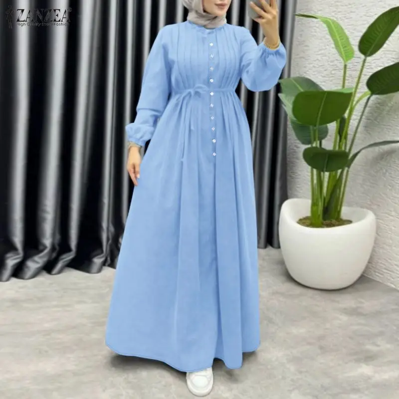 

ZANZEA Muslim Women's Pintuck Details Maxi Long Dresses Modest Stand Collar Long Sleeve Tie-Waist Abaya Robes Islamic Hijabis