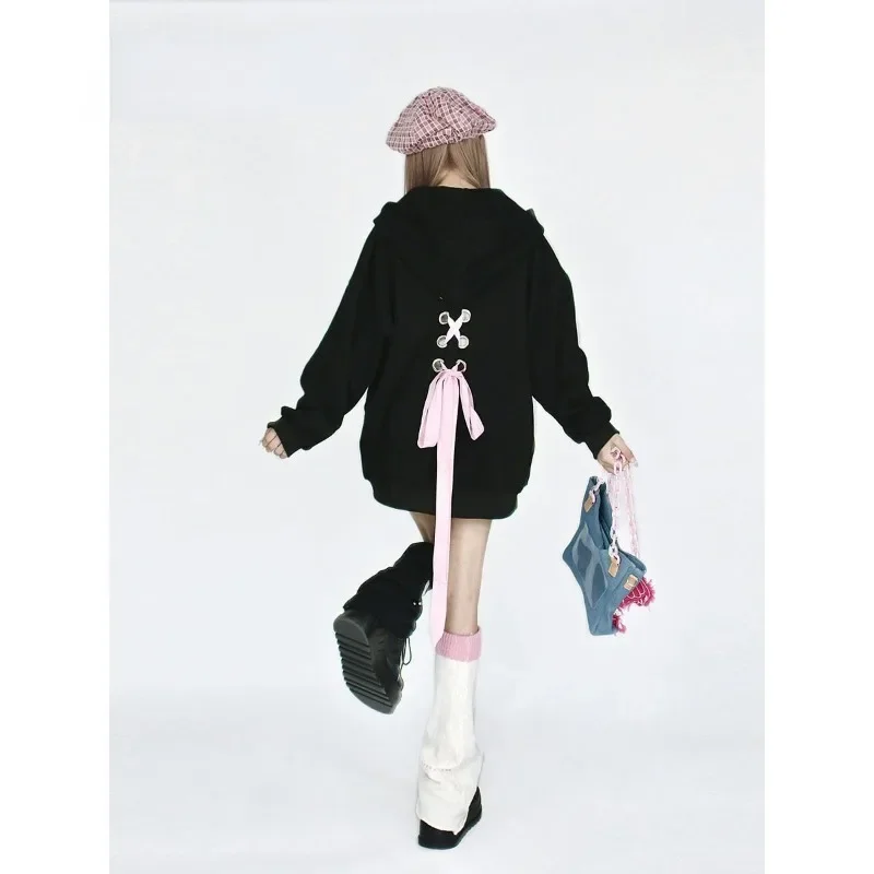 Black Gothic Chic Zipper Sweatwear Coat Women Clothing Hooded Top Lace-up Butterfly Print Sweet Y2k Hoodies Long Sleeve