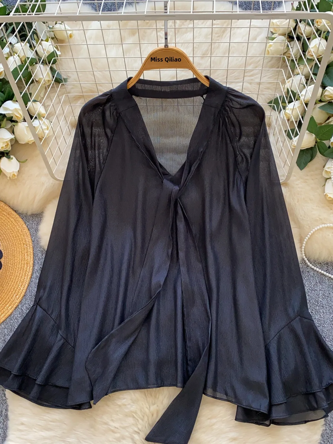 French Sle Loose Fit V-Ne Bell Sve Chiffon Irt Thin Transparent Slim Fit Bell Bot Top für Damen Herbst Faion