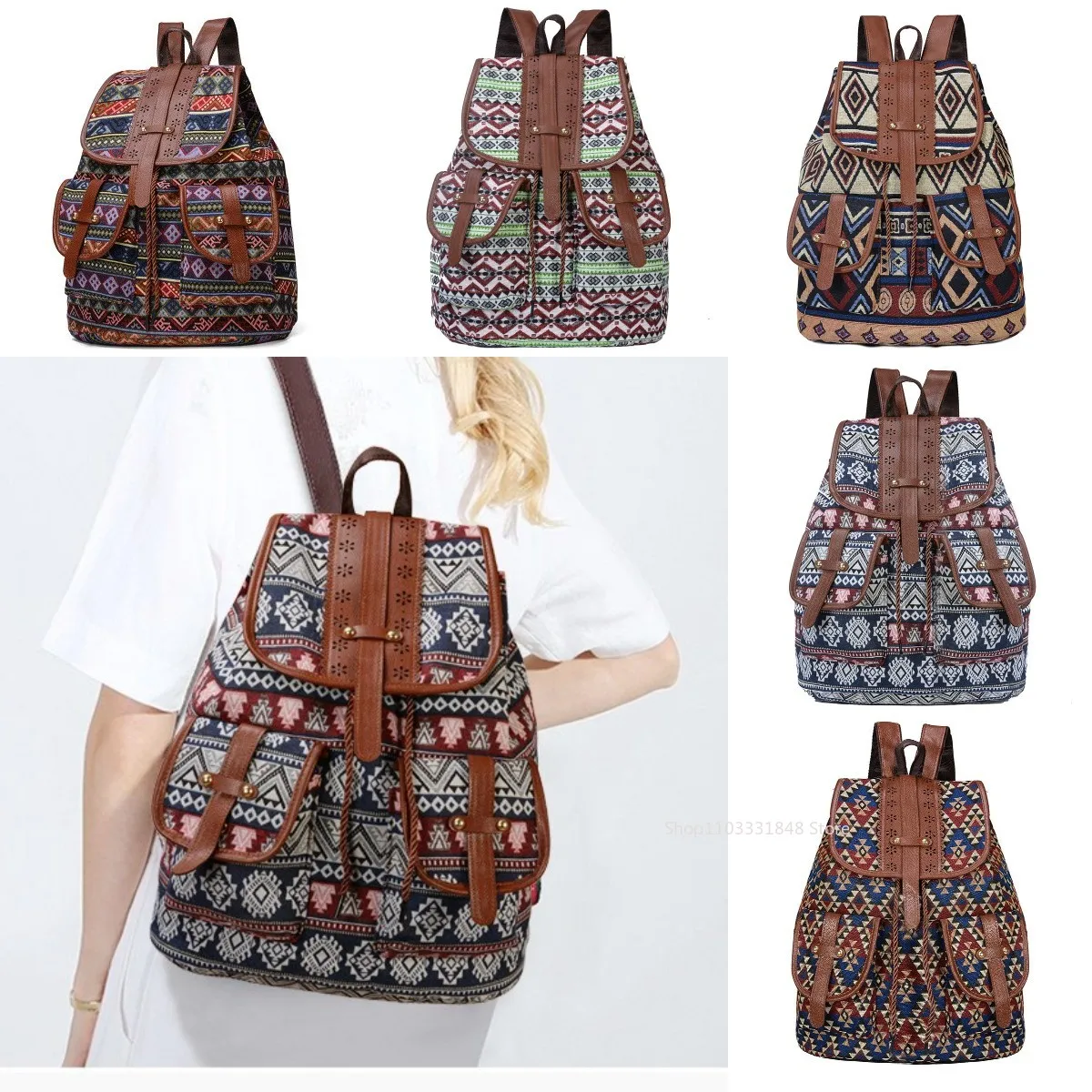 

High Quality Vintage Print Canvas Ethnic Backpack for Women Girls School Backpacks Drawstring Bohemia Travel Rucksack