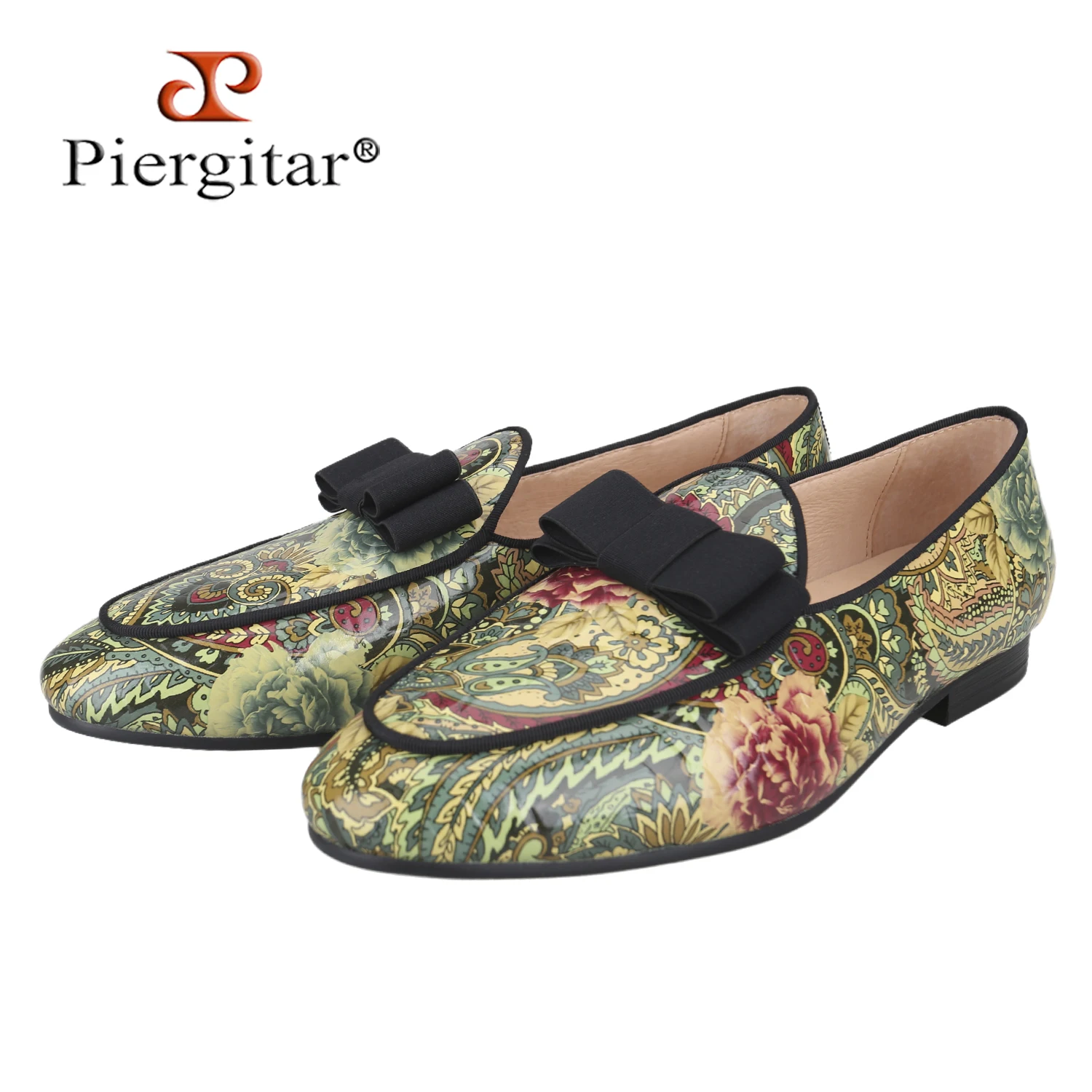 Piergitar Dandy Style Custom Embossed Patent Leather Fashion Men's Smoking Slipper With Handmade Bow Tie Classic Slip-On Loafers