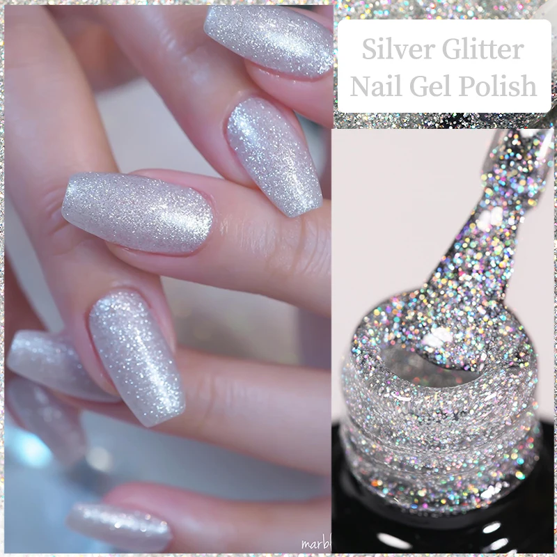 

UR SUGAR 7.5ml Silver Glitter Nail Gel Polish Semi Permanent Varnish Soak Off UV LED Nail Art Base Top Coat Gel Manicure