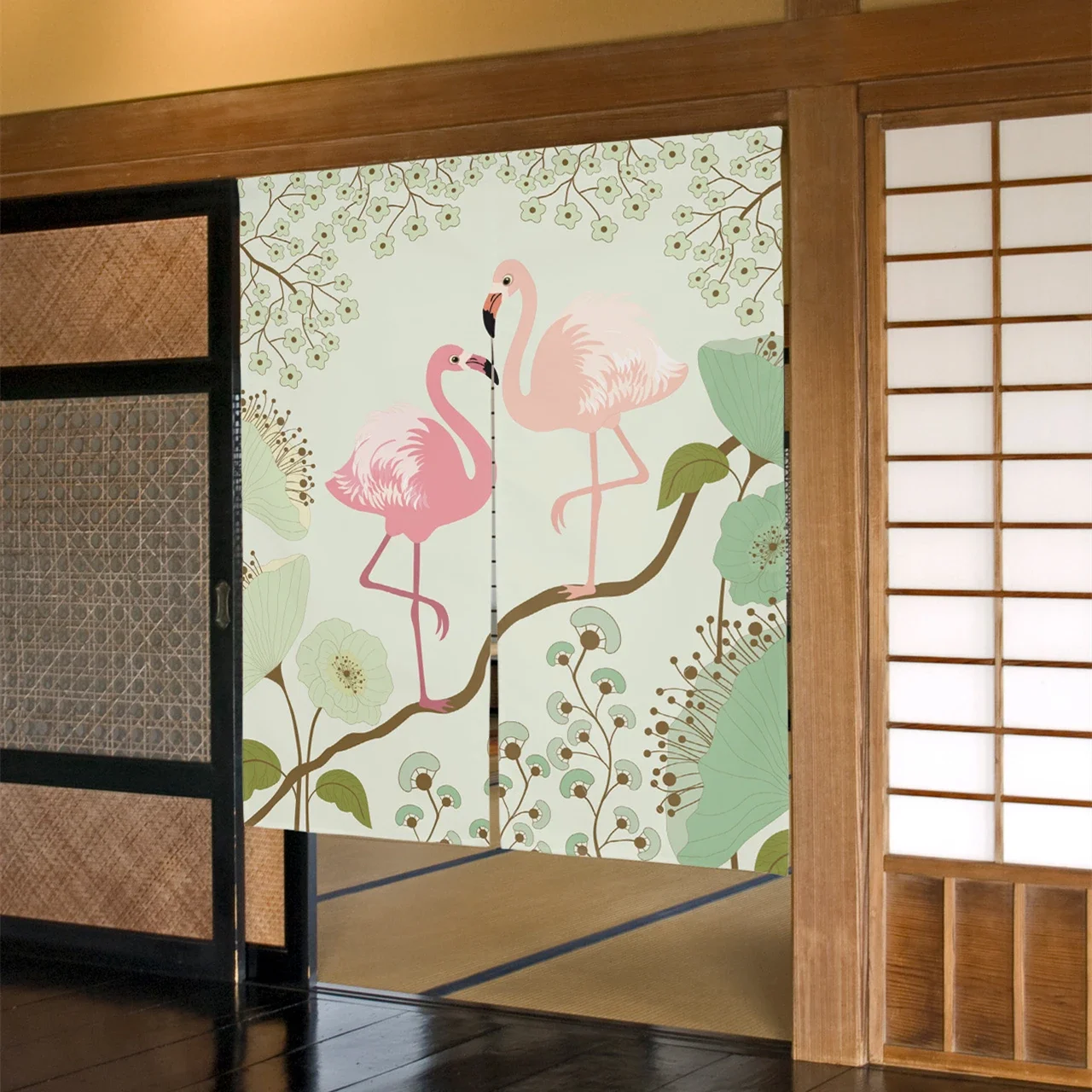 Tropical Flamingo Flower Japanese Door Curtain Doorway Partition Curtain Kitchen Living Room Entrance Noren Hanging Half-Curtain