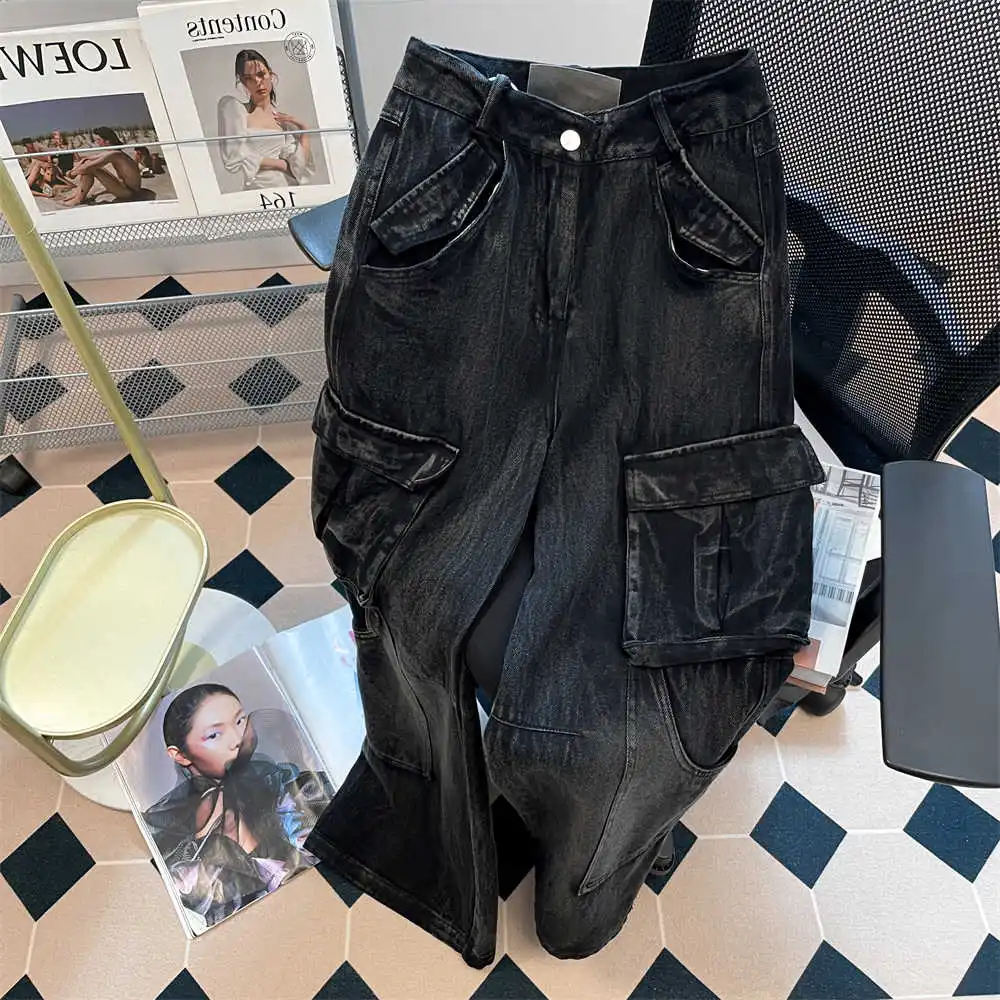 

Women's Black Gothic Cargo Jeans Vintage Harajuku Y2k Emo Baggy Jean Pants Japanese 2000s Style Oversize Denim Trousers Clothes