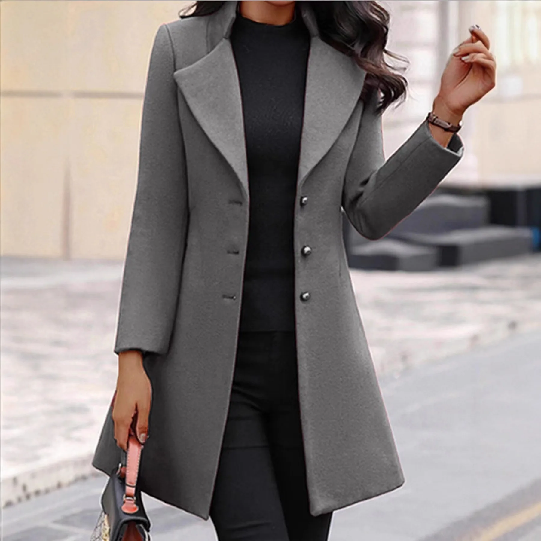 

Slimming Pure Color Women's Woolen Coat Long Sleeve Turn-down Collar Urban Style Thickened Long Coat for Young Women