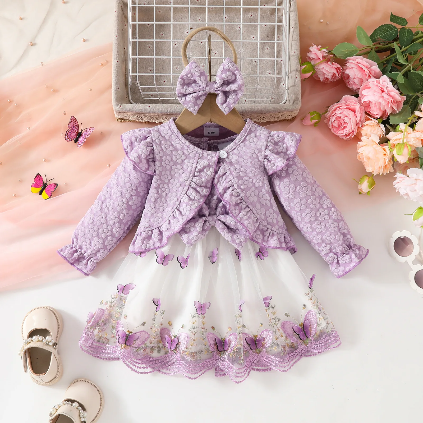 

Baby Girls Autumn Winter 3PCS Outfits Set Long Sleeve Coat+Lace Flower Dress+Headband For Toddler Casual Children's Clothing