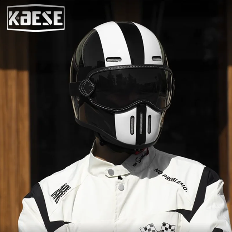

Full Face Motorcycle Helmet Black and white DOT ECE Certified Lightweight Fiberglass Cafe Racer for Men Women