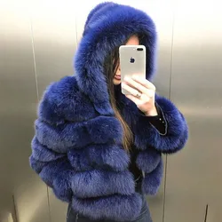 Mulheres azul genuína pele de raposa curto casaco com capuz inverno pele natural outwear jaquetas casacos de pele genuína engrossado calor fofo