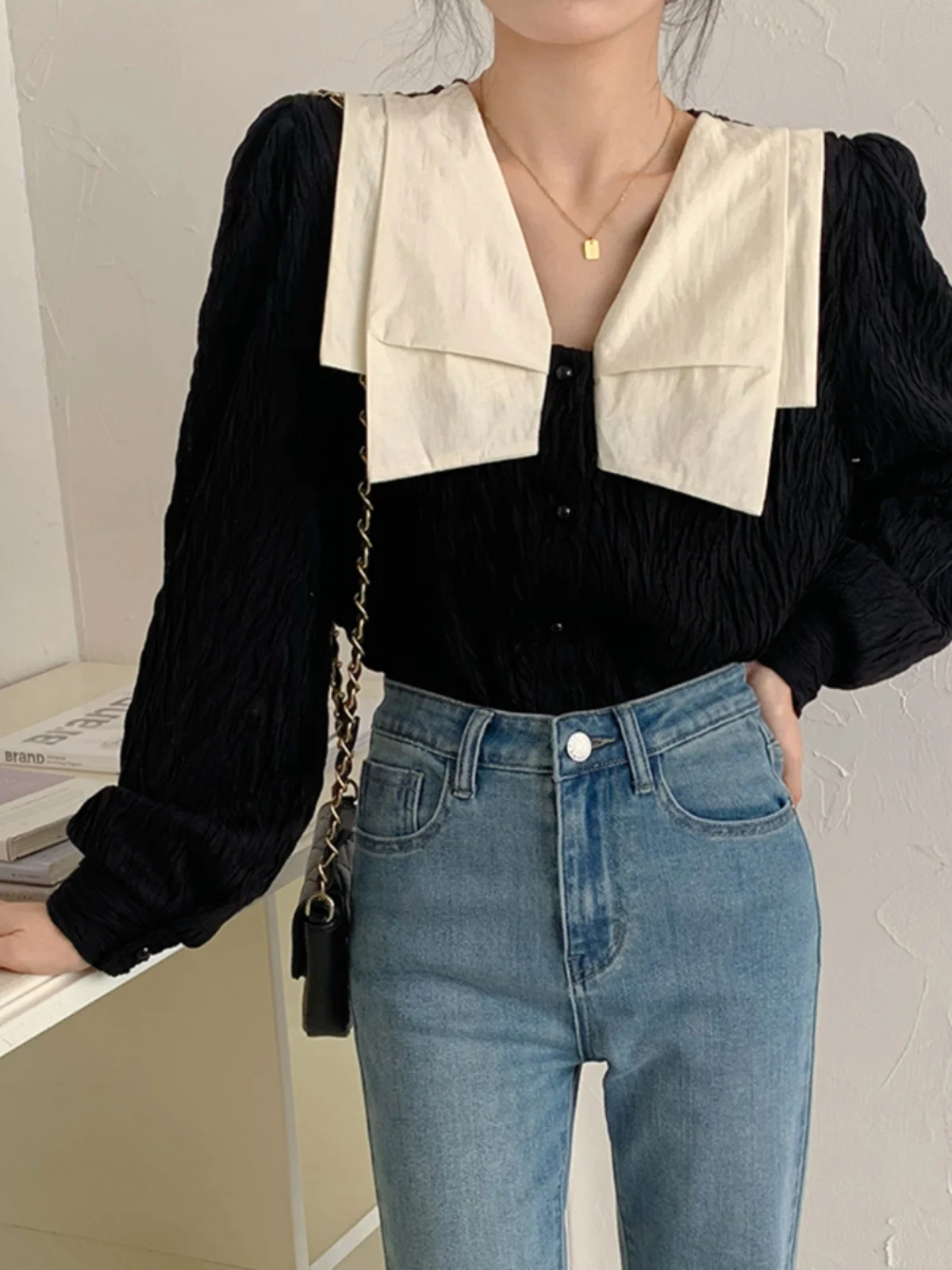 Ele Bla Long Sve V-Ne Women's irt Korean Sle Spring Faion Casual Loose Top  Knot Detail