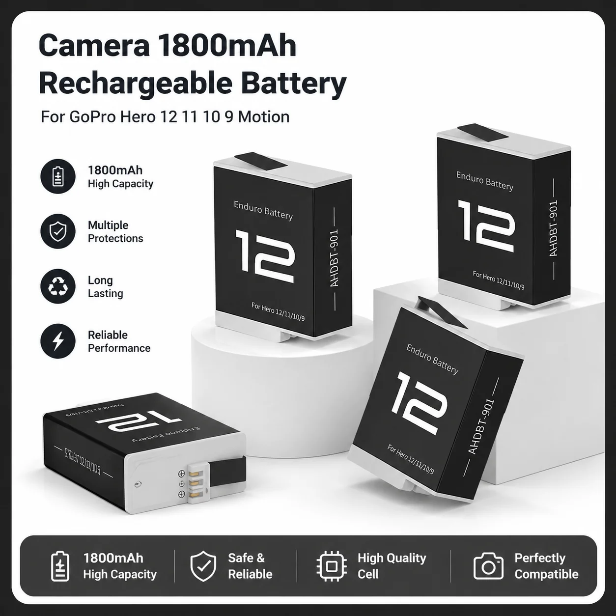 Akku für GoPro Hero 12 11 10 9 Action-Kamera, 1800mAh wiederaufladbarer Akku, 3-Fach-Ladegerät mit LED-Licht, Aufbewahrungsbox für GoPro