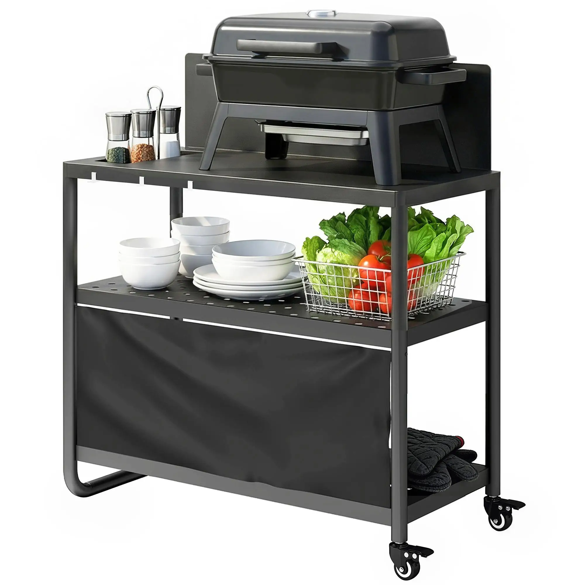 Carrito de barbacoa de 3 niveles con protección contra el viento, 100x46x110cm, acero negro para caravana y jardín