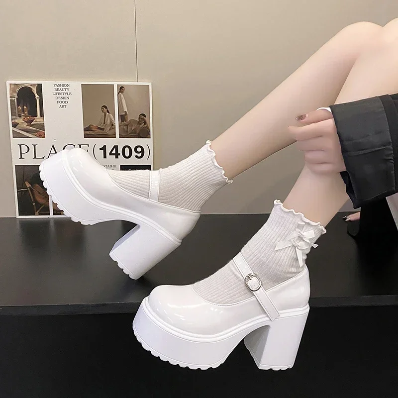 

Women Shoes White Platform Mary Janes Women 2025Buckle Strap Super High Heels Pumps Woman Patent Leather Thick Heeled Party Shoe