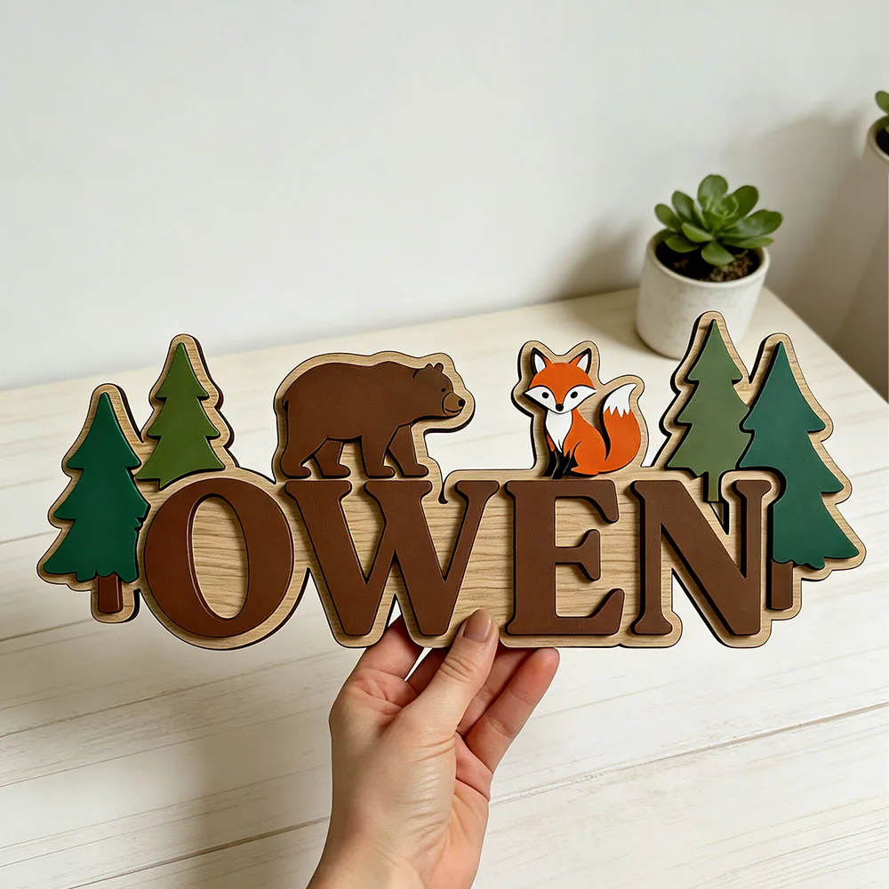 Custom Woodland Forest Bear Fox Name Door Sign for Kids Bedroom Personalized Jungle Adventure Themed Wooden Nursery Plaque