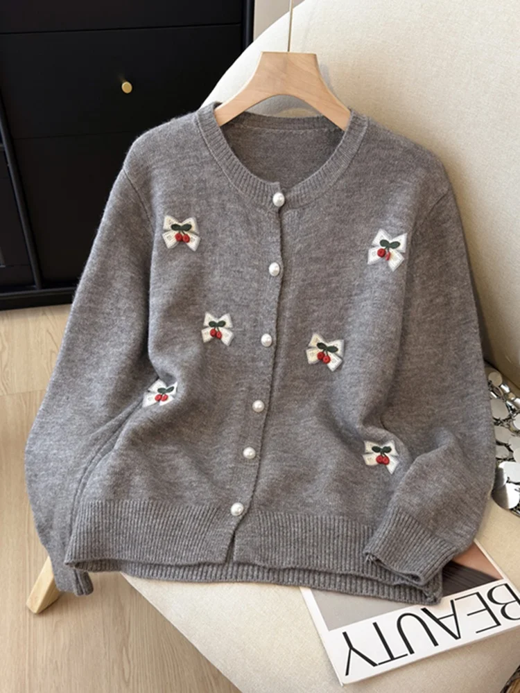 

Вязаный кардиган с вышивкой в виде мультяшной собаки, женский свитер с круглым вырезом и пуговицами, средней тонкости, длинный, для прогулок