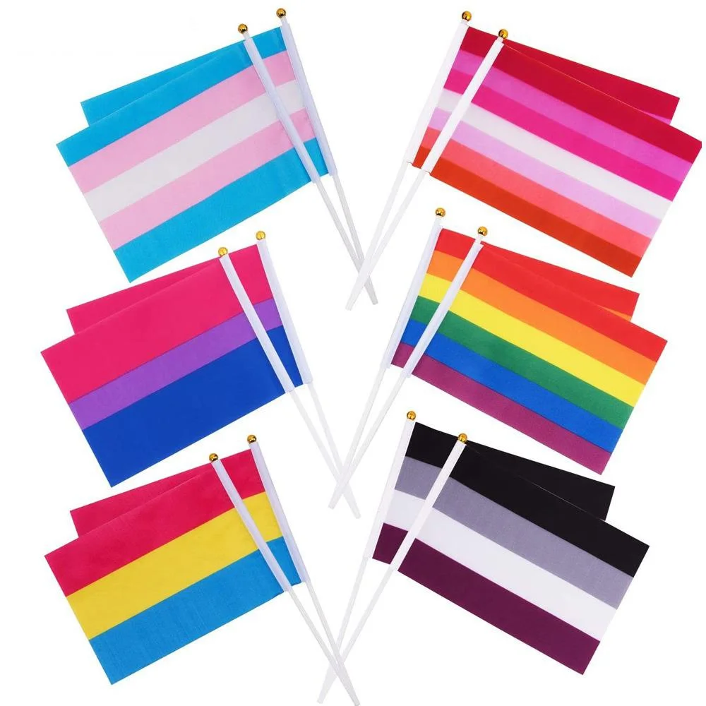 1 Pc Mini Rainbow Hand Held Flag With Flagpoles 14x21cm Easy To Hold For Pride Parades Cheers Celebrations Party Decor Accessory