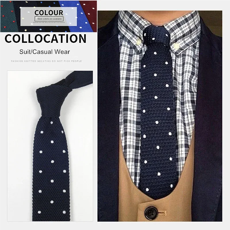 

6cm Crew Cut Skinny Mens Knit Ties Formal Suit Dress Slim Necktie Casual Coat Dot Blue Gift for Men Wedding Party Accessories