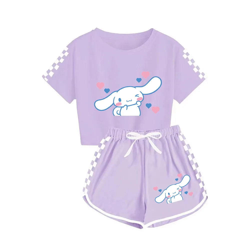 Conjunto de pijamas de manga curta Sanrio para meninas, camisetas e shorts dos desenhos animados, Cinnamoroll Kuromi, roupas esportivas macias, presente Homewear, verão