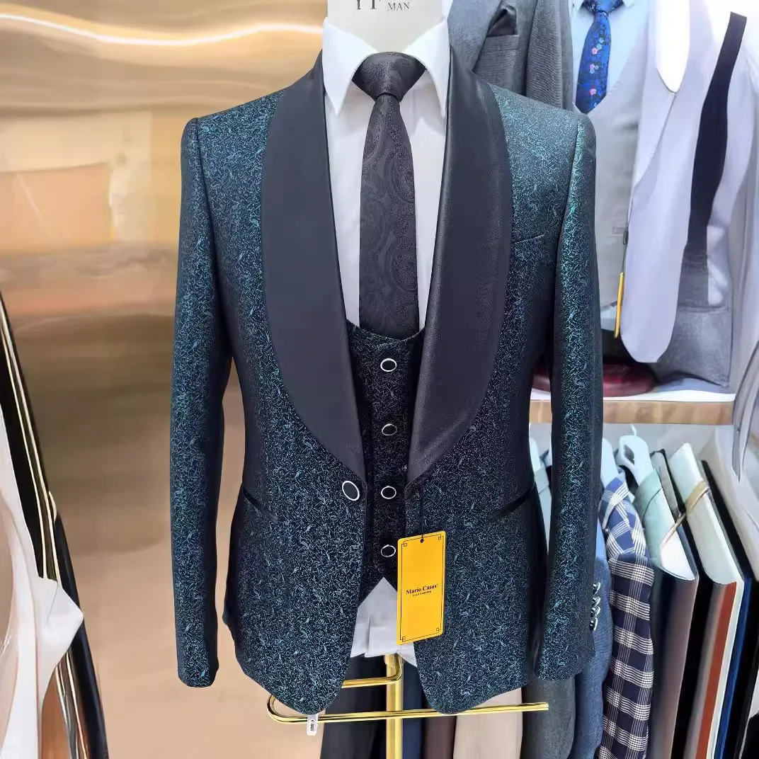 2024 Spring New Men's (suit + Vest + Trousers) British Style Business Casual Three-piece High-density Jacquard Wedding Dress