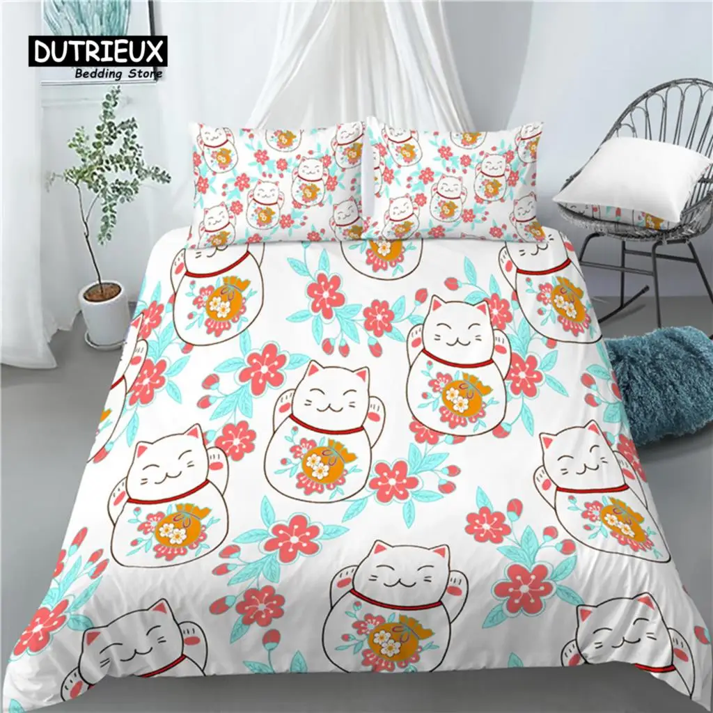 Luxury 3D Lucky Cat Print Home Living  2/3Pcs Comfortable Duvet Cover PillowCase Bedding Set Queen and King EU/US/AU Size