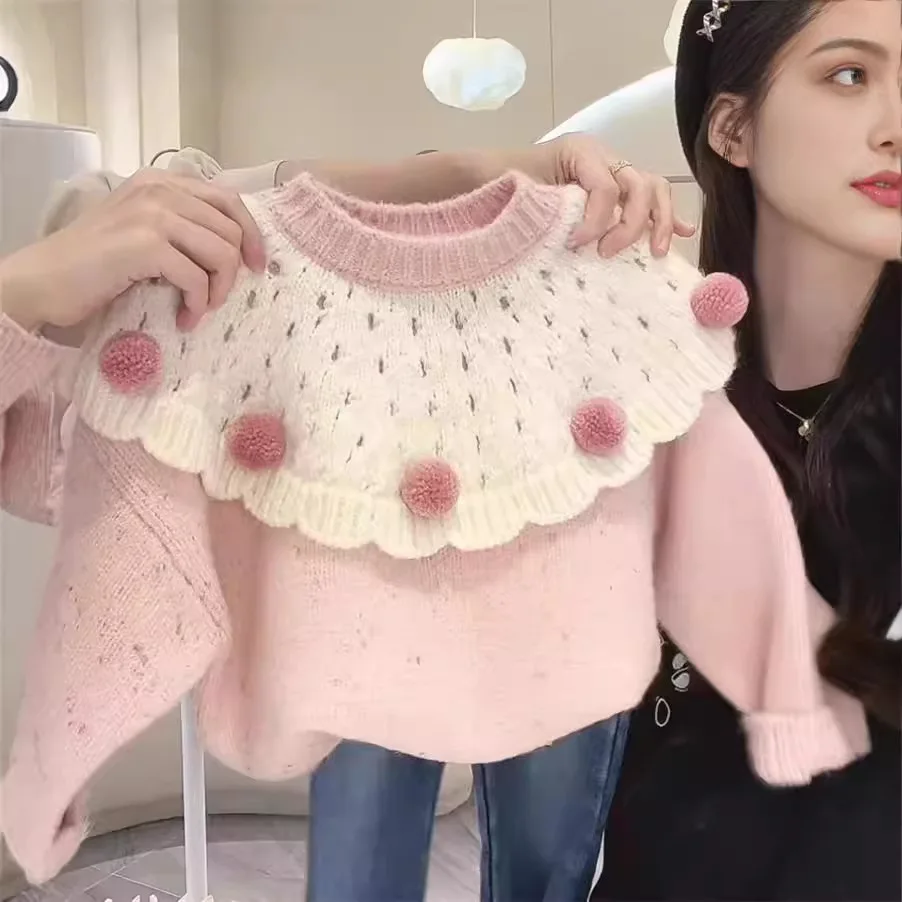 Girls Sweaters Thickened Autumn and Winter Base Long Sleeves Fashion Sweet Round Neck Woolen Clothes for Wearing Outside